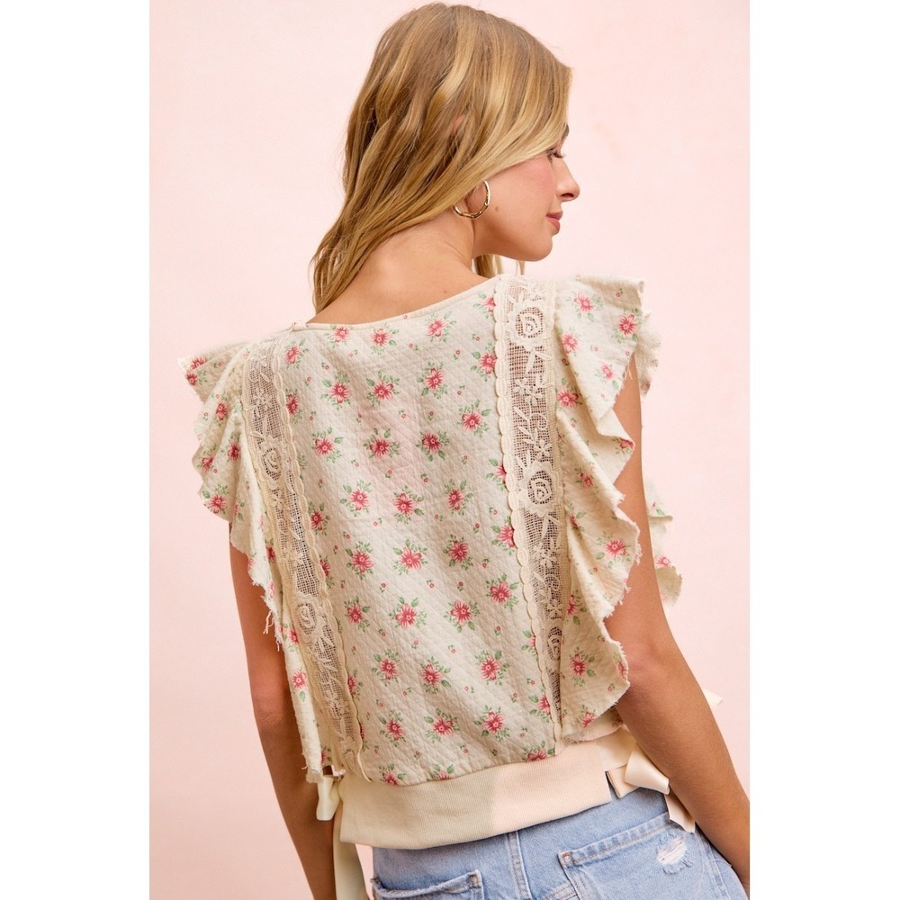 BiBi Flower Printed Ruffle Sleeve Trim Detail Top - Red Flower - Large - Picture 4 of 16